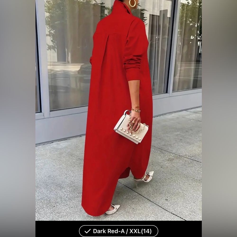 COPY - Stylish Ankle Length Curved Hem Blouse - Long Sleeve, Solid Color, Butto…